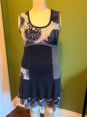 Bali Navy & White Mixed-Print Sleeveless Midi Artsy Dress Medium